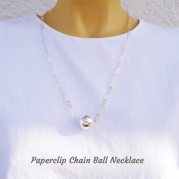 Paperclip Necklace with Silver Ball Sterling Silver Ball Necklace Stamped 925 - Picture 3 of 3